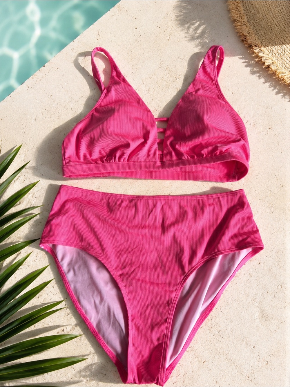 Hot Pink Ribbed High Waist Bikini Set